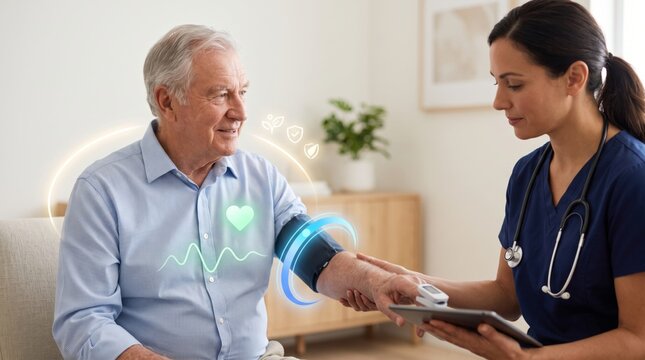 Woman nurse measuring blood pressure of senior man at home with digital tablet and heart health icons. Elderly patient getting medical checkup in cozy living room.