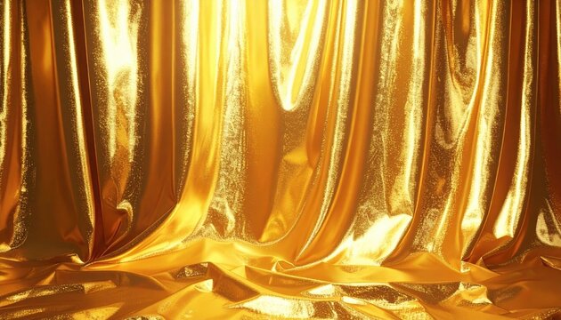 Shiny gold fabric curtain with luxurious theater stage texture