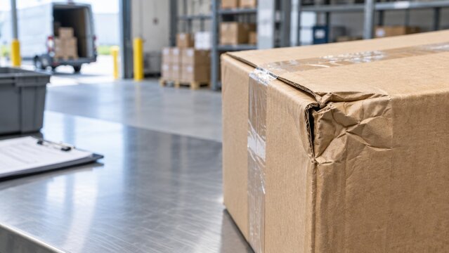 Last Mile Delivery Failure and Package Damage Inspection, Close-up of damaged shipping box on metal table in warehouse with blurred background of shelves