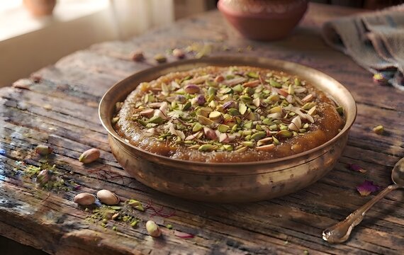 Delicious traditional Indian sweet atta halwa whole wheat flour pudding garnished with chopped almonds and pistachios arranged in a brass bowl on a rustic wooden table.
