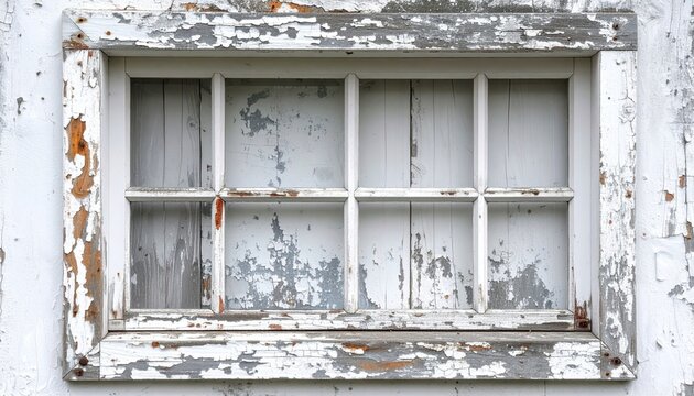Rustic weathered white window frame with aged paint and vintage character