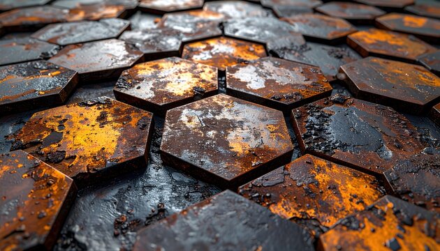Hexagonal rusted metal paver with corroded iron texture and industrial character