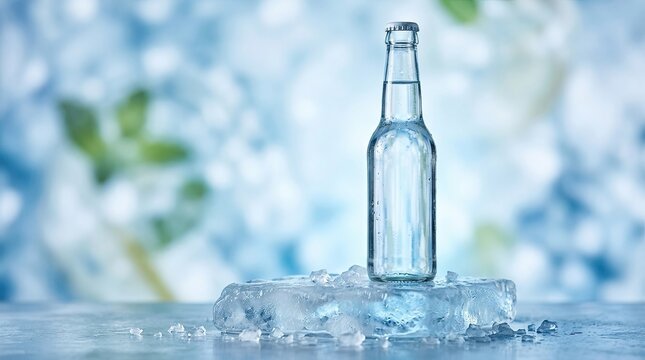 A clear glass bottle of water on a bed of ice with a blurred background.