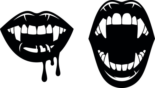 Vampire fangs mouth vector set featuring dripping blood lips and open monster mouth for Halloween spooky designs