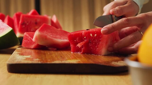 Cutting fresh watermelon into slices on a wooden cutting board