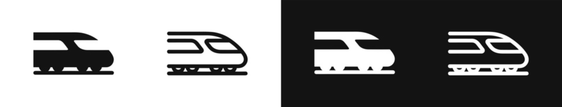 Train icons in silhouette and outline, black and white