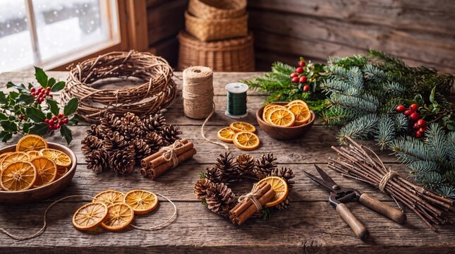 Cozy Christmas DIY workshop table with dried orange slices, cinnamon sticks, pine cones, fir branches, and secateurs for making handmade holiday wreath
