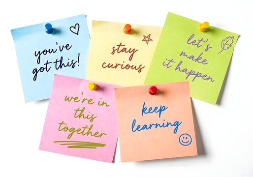 Colorful motivational sticky notes pinned on white background with encouraging messages
