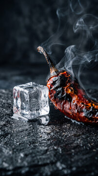Charred smoking red hot chili pepper beside clear ice cube