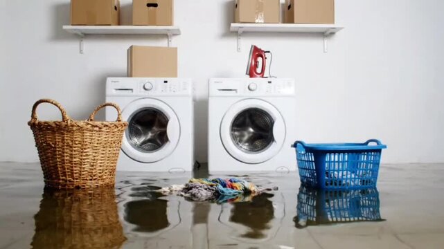 Laundry room flooded with water from washing machine broken appliance on floor with dirty clothes, laundry baskets and shelves with boxes on wall.