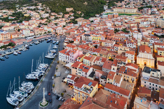 Aerial view of harbor and town in La Maddalena, sardinia, italy