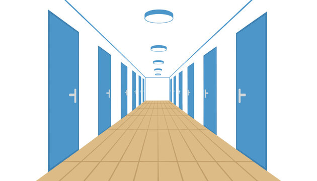 Perspective view looking down a long interior school hallway with blue doors and light wooden floorboards.