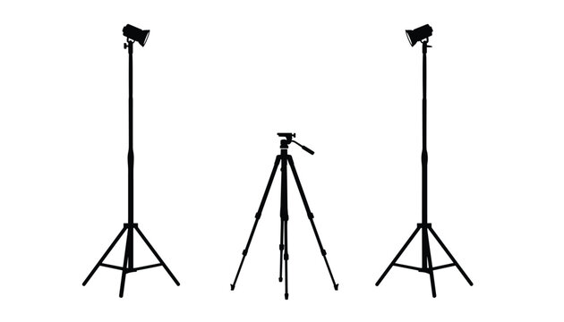 Photographic studio lighting setup includes two professional lamps on tall stands flanking a single camera tripod on white floor.
