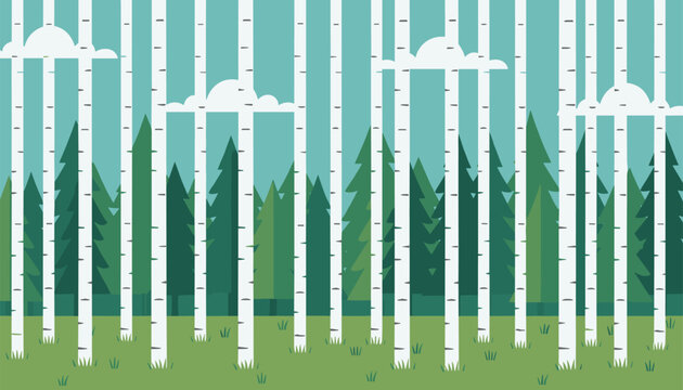 Flat vector illustration depicting a beautiful birch forest with white trunks and green coniferous trees in the background under a blue sky.
