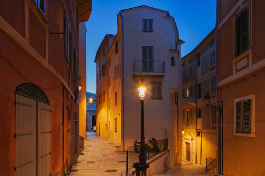 Narrow Street in the Old Citadel at Dusk in bastia, corsica, france