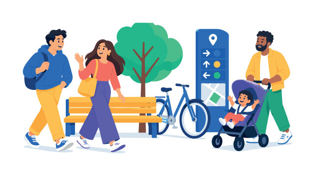 Urban People Diversity &mdash; bright colorful flat vector banner, exactly 8 visual elements: 3 expressive diverse human characters with visible faces in standing, walking and family interaction poses,