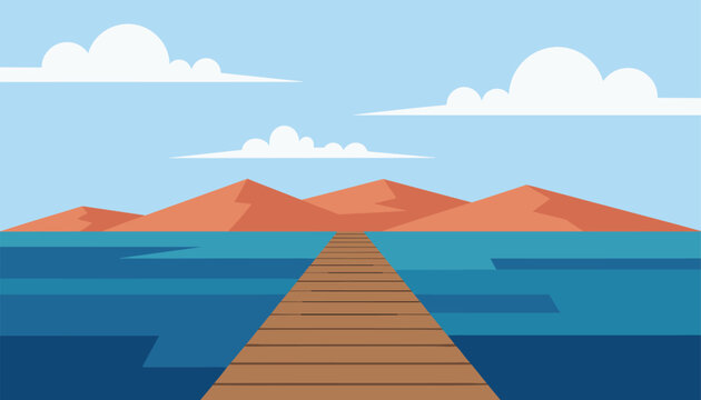 Serene landscape illustration showing a long wooden dock leading into the deep blue ocean towards distant desert mountains under a clear sky.