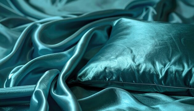 Teal silk pillow with luxurious satin texture for elegant bedding