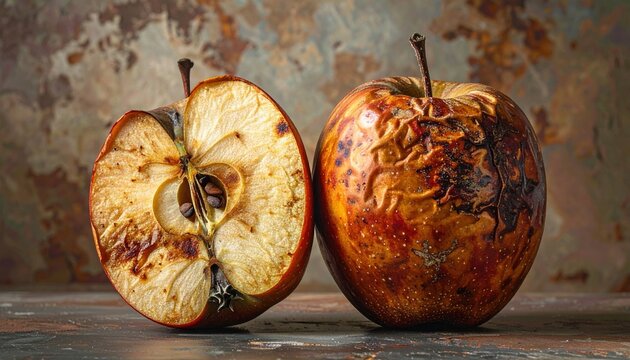 Half brown oxidized apple with stale fruit texture and visible cross section