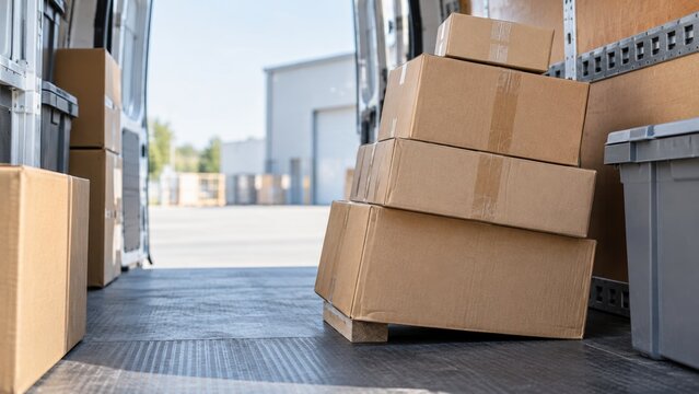 Last Mile Delivery Failure and Package Damage Inspection, Stack of cardboard box on pallet inside delivery truck ready for shipping and transportation logistics