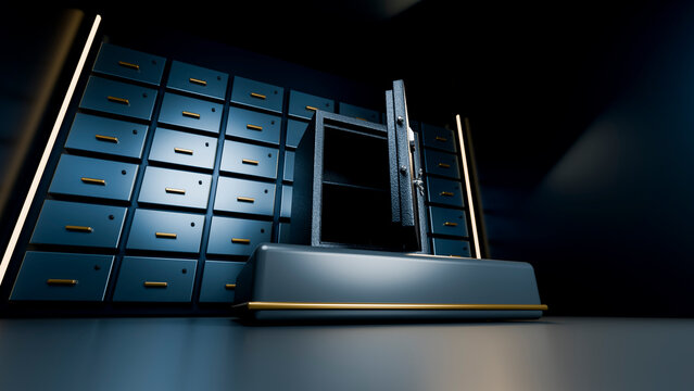 Open safe deposit box in dark bank vault with metal drawers and lock