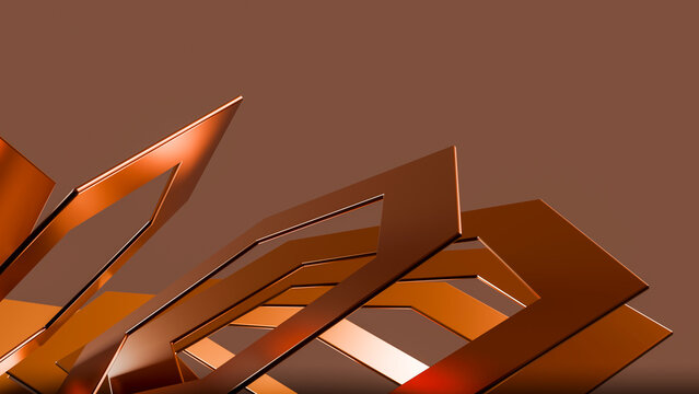 Abstract orange metallic geometric sculpture on brown background