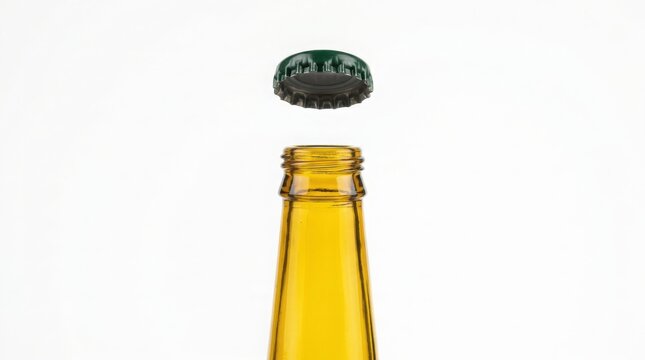 Open brown beer bottle with the green metal cap floating above the neck