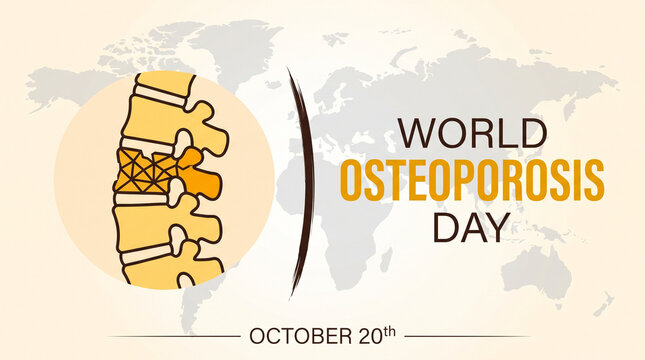 World Osteoporosis Day graphic showing a spinal column with a fracture, set against a world map, isolated on transparent background, highlighting bone fragility.