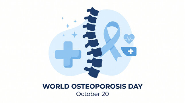 World Osteoporosis Day visual with a spine, a light blue ribbon, and medical icons including a cross and heartbeat, isolated on transparent background, symbolizing support and health.
