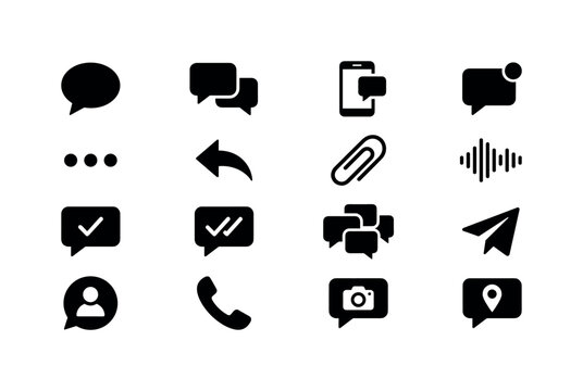 Messenger Chat Bubbles, solid glyph icon set featuring speech bubble, double chat bubble, smartphone message, notification bubble, typing dots symbol, reply arrow, attachment clip, voice message