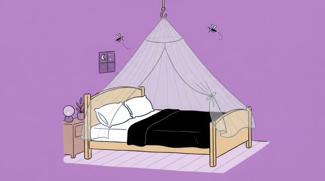 A comfortable bedroom with a bed and a bright hanging lamp in a cozy purple room at night time