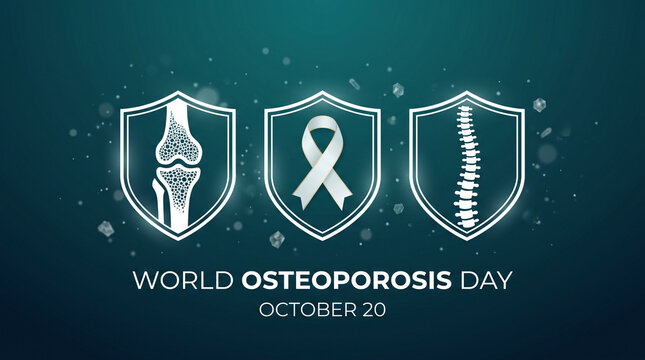 World Osteoporosis Day graphic displaying shields with illustrations of a human bone, a ribbon, and a spine, emphasizing skeletal health and awareness, isolated on transparent background.