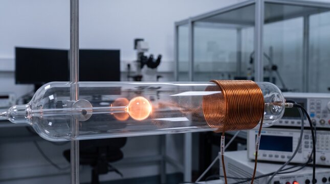 Glowing plasma ball inside a glass vacuum tube with a copper induction coil in a physics laboratory
