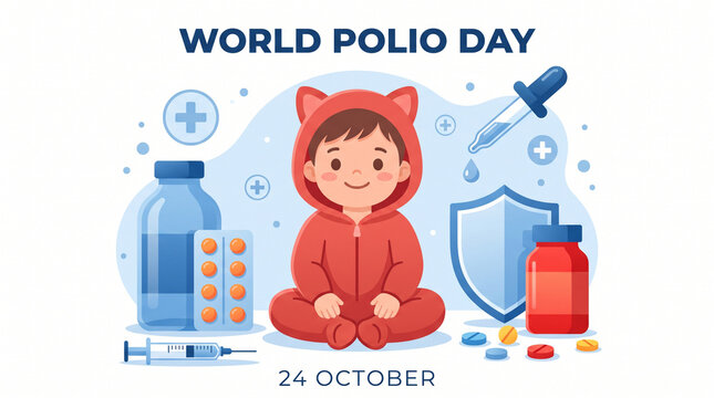 Child in red outfit surrounded by medical symbols celebrating world polio day on october 24 with smiling child dressed red hooded outfit sits amid medical items syringes