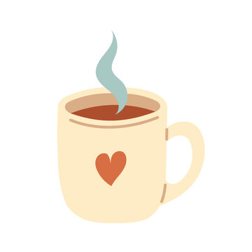 Vector hand drawn hot drink mug with heart. Cozy steaming tea or coffee cup in warm autumn colors. Comfort, relaxation and slow living element isolated on white background