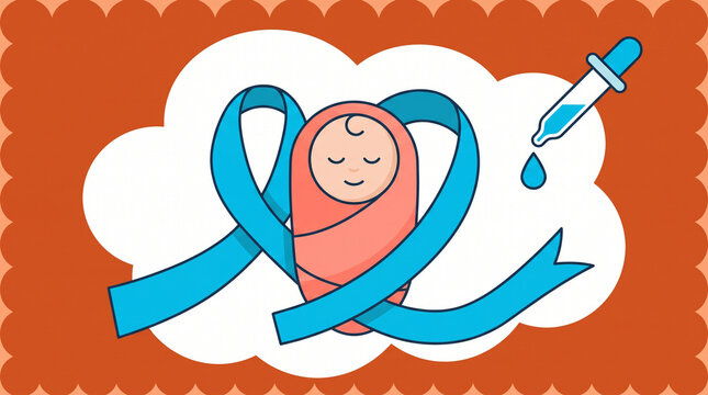 Baby surrounded by blue ribbon symbolizing polio awareness with vaccine dropper illustration with World Polio Day October 24 awareness efforts alongside World Health Organization