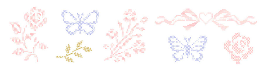 Fototapeta premium cross stitch botanical motifs. Roses, butterflies and a sweet heart ribbon header isolated on white background. Whimsical pixelated embroidery needlework design collection. Cottagecore decor