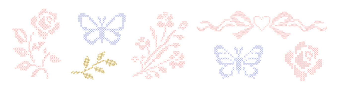 cross stitch botanical motifs. Roses, butterflies and a sweet heart ribbon header isolated on white background. Whimsical pixelated embroidery needlework design collection. Cottagecore decor