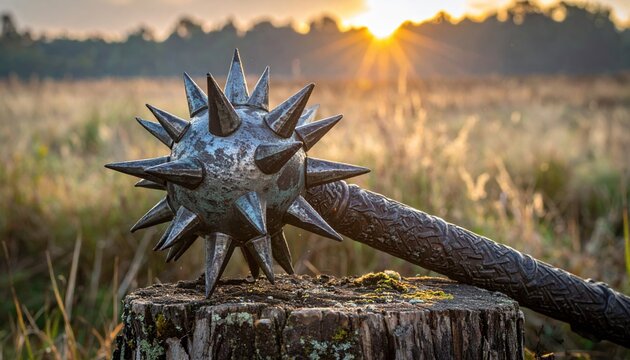 Medieval morning star mace with spiked iron head and aged historical design