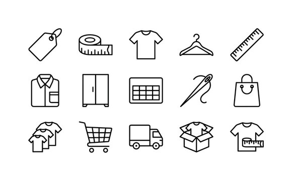 Apparel Size Guide, line icon set featuring clothing tag blank, measuring tape, T-shirt, hanger, ruler, folded shirt, wardrobe, size chart card blank, sewing needle and shopping bag, covering clothes