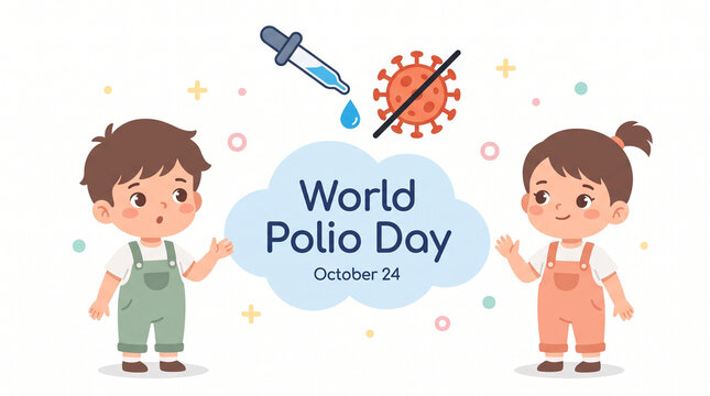 Two children celebrating world polio day with vaccine and virus prevention symbols october 24 with World Health Organization outstretched beside cloud stand arms outstretched