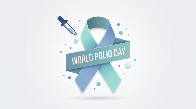 World polio day awareness ribbon with medical dropper with World Health Organization Global health initiative text accompanied medical scattered water droplets day light blue