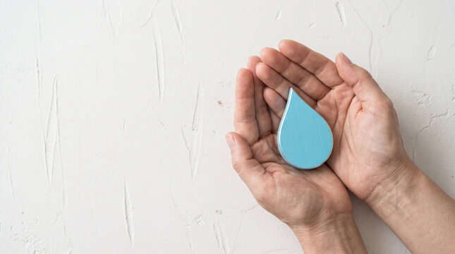 Hands holding blue water drop symbolizing clean water and polio prevention on white background with World Polio Day October 24 preventing infectious diseases water droplet object