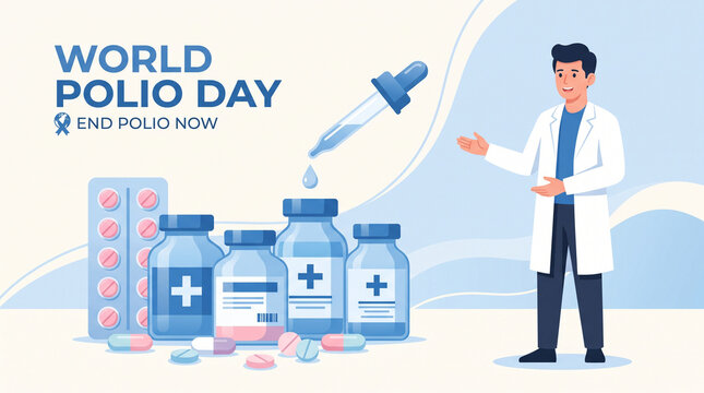 Health professional promoting polio vaccine awareness on world polio day with medical supplies with doctor white coat gestures while standing beside containers medication pills