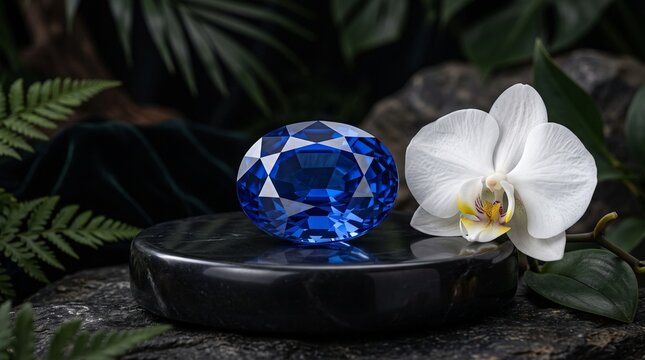 An oval blue sapphire gemstone set next to a fresh white orchid bloom on a black marble base surrounded by tropical leaves.