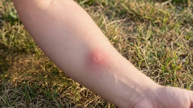 A person scratches an irritated red forearm outdoors, illustrating itching, skin reaction, insect bite, allergy, and basic health care