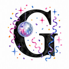 Obraz premium Large black serif initial letter G surrounded by colorful birthday decorations, balloons, confetti, sweets and festive party elements on a clean white background.