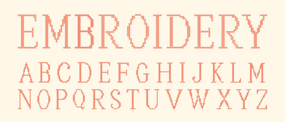 Cross stitch English alphabet font with uppercase serif letters. A whimsical pixelated embroidery needlework typeface for wedding monograms, cute nursery name prints, decorative textile crafts. Vector © millering