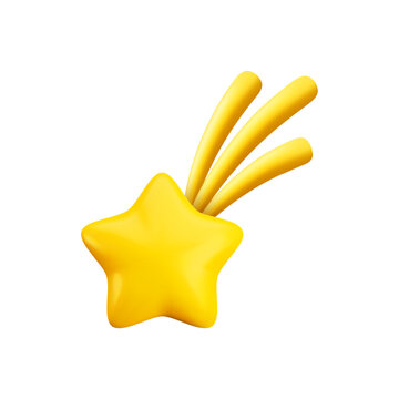Vector cartoon 3D gold shooting star. Realistic render yellow star with three curved trails. Winner achievement gold award. Abstract cosmic illustration, celestial, shiny celebration sparkle icon.