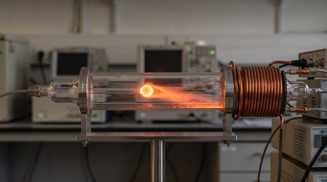 Glowing plasma discharge inside a glass vacuum tube with copper induction coil in a physics laboratory